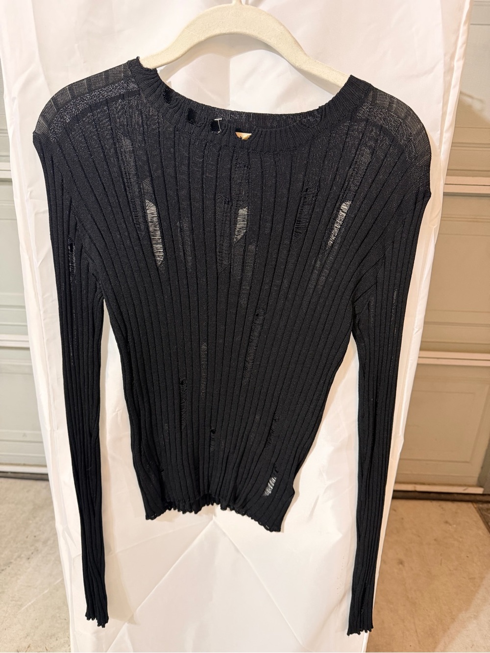 Black Distressed Ribbed Women's Sweater